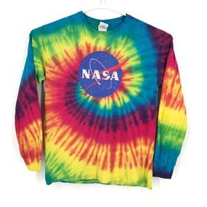 NASA Mens Shirt Medium Red Rainbow Tie Dye Long Sleeve Pullover Spiral Space